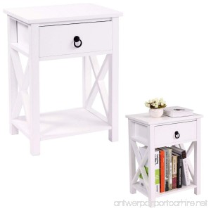 JAXPETY Set of 2 White Finish X-Design Side End Table Night Stand Storage Shelf with Bin (2PCS) - B078RDWJLG