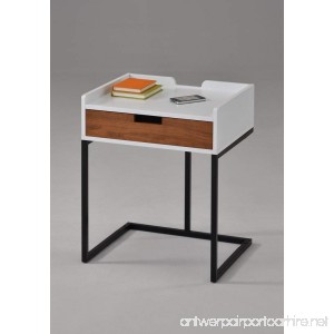 White Finish / Dark Oak Drawer / Metal Frame Nightstand Side End Table 22.5H - Modern Mid-Century Style - B07B1P9T95