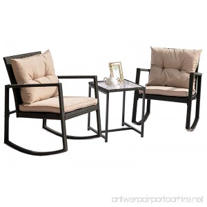 Hq Outdoor Rocking Rattan Bistro Set: 3-Piece Wicker Furniture - Two Chairs with Glass Coffee Table (Brown Cushion) - B07C711TBZ